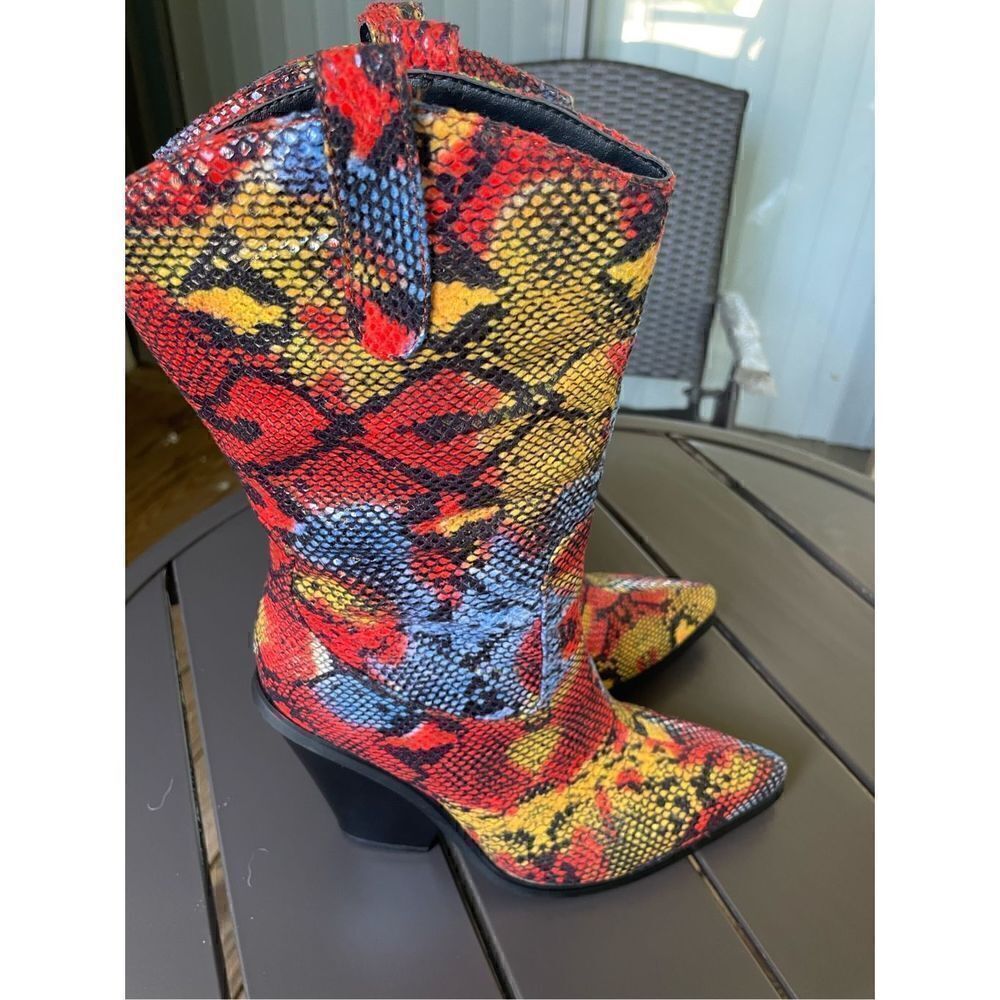 Azalea Wang Midcalf Multicolor Snakeskin Print Western Boots Red/Yellow Size 6 - Picture 7 of 14